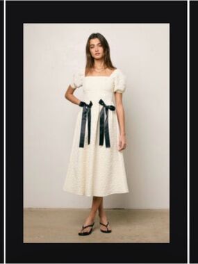 bohme Ivory Puff-Sleeve Midi Dress with Black Ribbon Bows